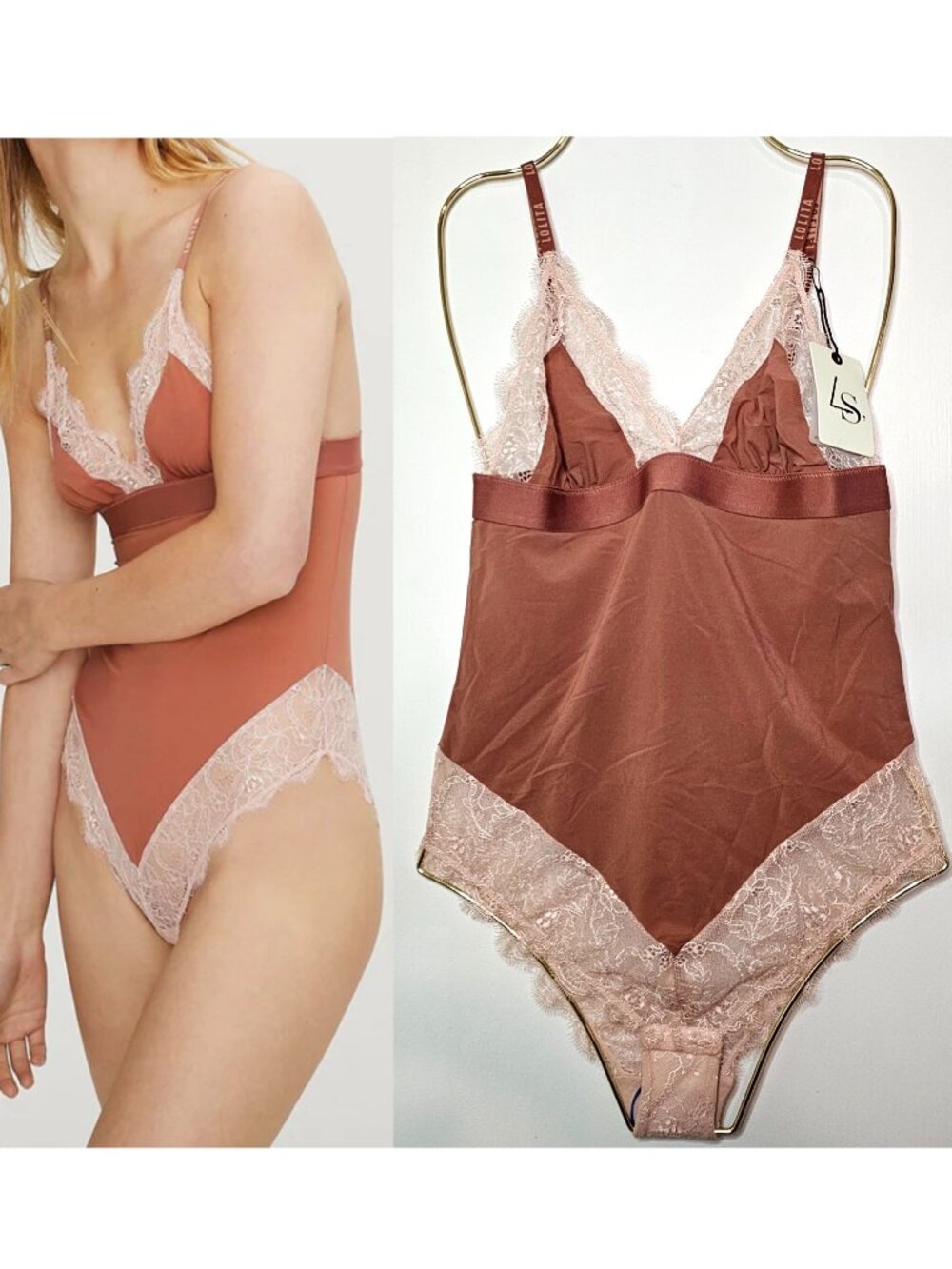 NWT Love Stories Doris Delicate Lace Trim Satin Teddy Bodysuit US2 S Cinnamon